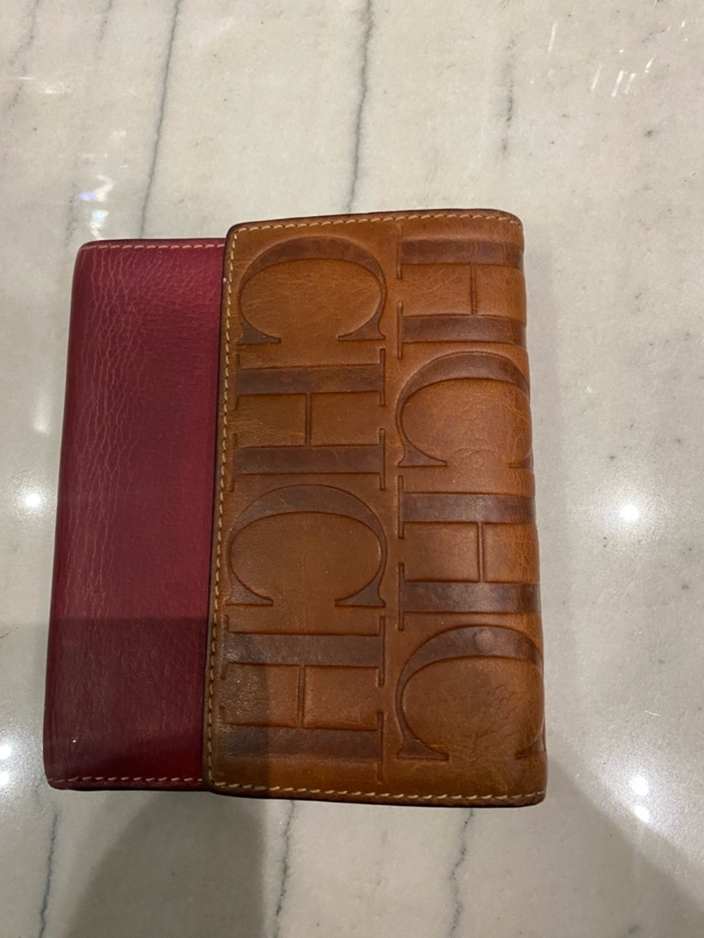 Carolina Herrera Two-Tone Embossed Leather Wallet in Brown and ruby red